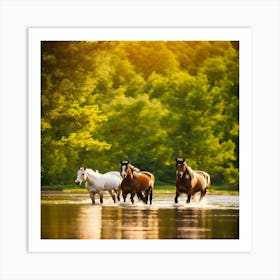 Horses In The River Art Print