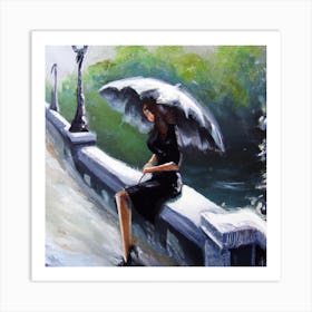 An oil painting of a woman sitting on the bench wearing a black dress holding a umbrella Art Print