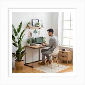 A serene and well-organized home office setup, with a person working comfortably at a desk surrounded by plants and natural light, illustrating the concept of a productive and harmonious remote work environment. This image is applicable to industries related to home office solutions, interior design, and remote work. Art Print