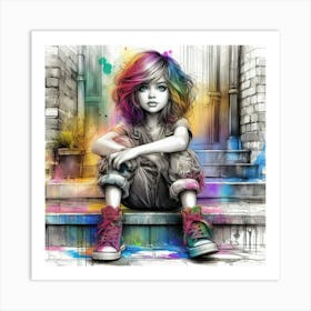 Little Girl Sitting On Steps 4 Art Print
