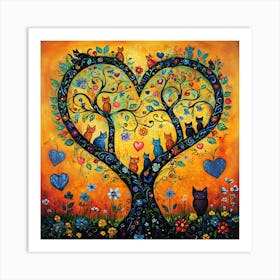 Folk Art Heart Tree Cat Climbing Artwork 6 Art Print