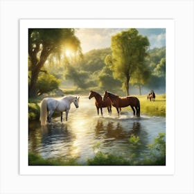 Horses In The Stream 2 Art Print