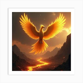 A Golden Phoenix Flying Over A Volcanic Landscape With Lava Flowing Beneath Art Print