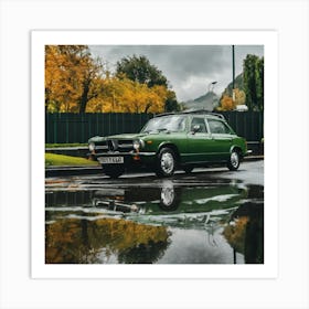 Green Car In A Puddle Art Print