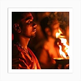 Hindu Man Lighting A Lamp Art Print