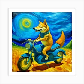 Dog Riding A Rocket Motorcycle In The Style Of Van Gogh Art Print