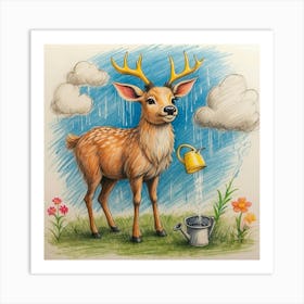 Deer In The Rain Art Print