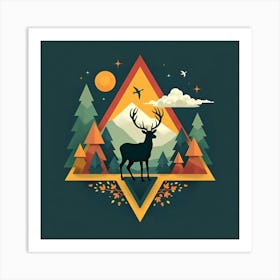 Geometric shapes featuring a deer silhouette, sun and clouds Art Print