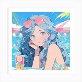 Cute Girl With Blue Hair Art Print