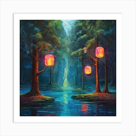 a painting of a forest with lanterns hanging from trees, an oil painting by Jeremiah Ketner, shutterstock contest winner, fantasy art, enchanting, flickering light, glowing lights 1 Art Print