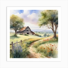 Watercolor Of A Farm 4 Art Print