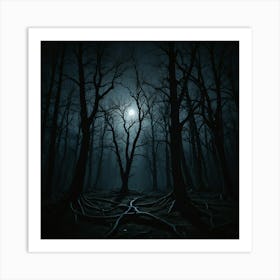 Forest At Night With A Full Moon Art Print