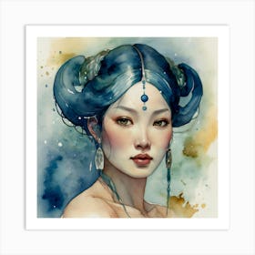 Blue Haired Woman The Magic of Watercolor: A Deep Dive into Undine, the Stunningly Beautiful Asian Goddess Art Print