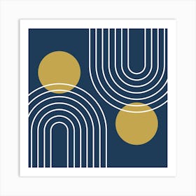 Mid Century Modern Geometric In Navy Blue And Gold (Rainbow And Sun Abstract) 02 Art Print