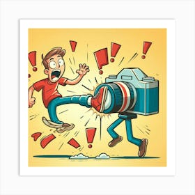 Cartoon Illustration Of A Man Kicking A Camera Art Print