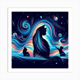 Silhouettes of colorful cat 1 Art Print