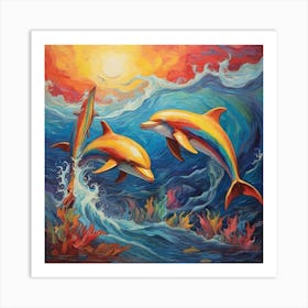 Van Gogh style, Rainbow dolphins Art Print