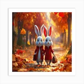 Cute Rabbits In Autumn Art Print