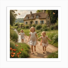 Three Girls Running Down A Country Road Art Print