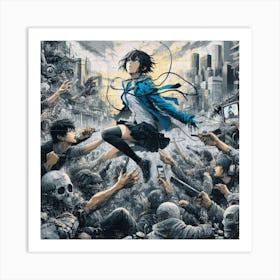 Girl Flying Over A Crowd Of Zombies Art Print