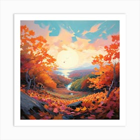 Vibrant Autumn Leaves Cascade To The Earth Forming A Pastel Hued Tapestry Under A Pale Blue Sky Art Print