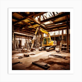 Blueprint Crane Scaffold Excavator Bulldozer Hardhat Hammer Drill Nails Cement Concrete (2) Art Print