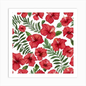 Botanical Wall Art Flowers Red Hibiscus Leaves #5 Art Print