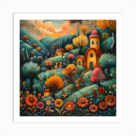 House In The Forest, Naive, Whimsical, Folk Art Print