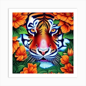 Tiger With Flowers Art Print