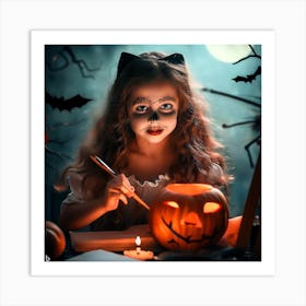 Little Girl Halloween Pumpkin Art Print