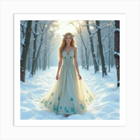 Beautiful Lady In Watercolor Dress, Serene Snowy Forest 1 Art Print