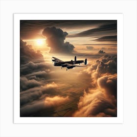 Lancaster Bomber flying through mist and clouds sun in background over dover 4/4 (ww2 World War 2 Pilot Flying Ace Sunset) Art Print