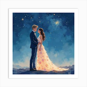 Elegant Couple In Watercolor Fashion, Celestial Night Sky 1 Art Print