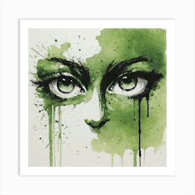 Green Eyes, ink, watercolour Art Print