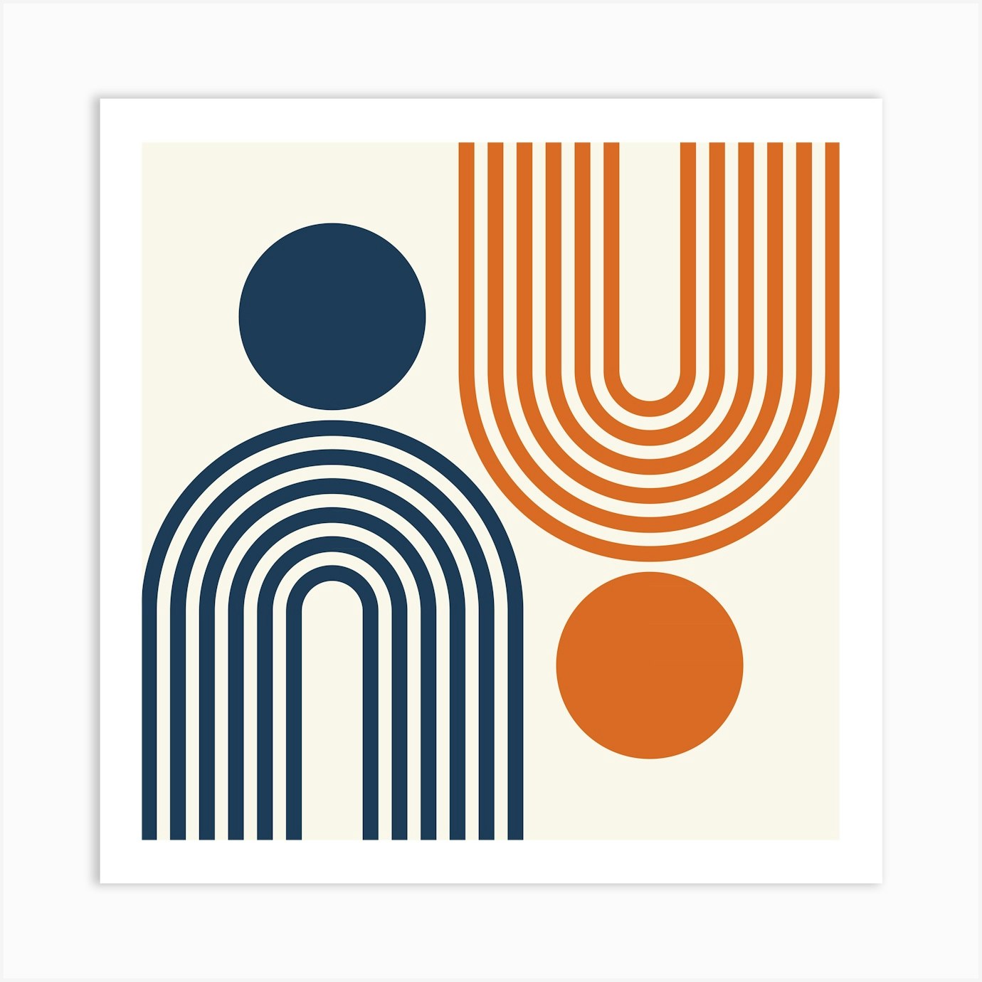 Mid Century Modern Geometric Rainbow And Sun Abstract A3 In Navy Blue Burnt Orange 02 Art Print by NineFlorals