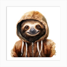 Watercolour Cartoon Sloth In A Hoodie 1 Art Print