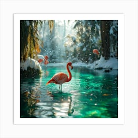 Plush Green Flamingo Swimming In A Transparent Glass Lake Sunlight Filtering Through Snow That Is 1 Art Print