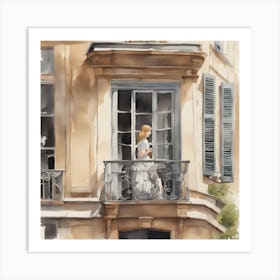 Girl On Balcony Watercolor Painting Art Print