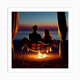 Romantic Couple On The Beach At Sunset Art Print