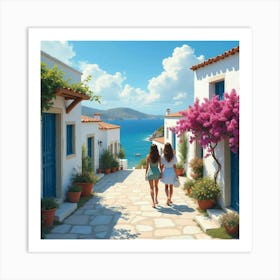 Greek Beauty In A Watercolor Scene, Strolling Through A Picturesque Island Village 1 Art Print