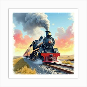 Classic Steam Train Chugging Through A Colorful Watercolor Sky 1 Art Print