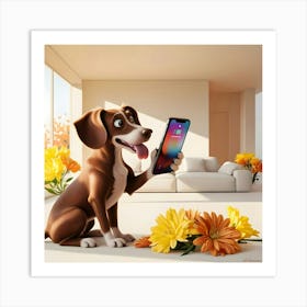 A Curious Brown Dog With Floppy Ears And A Wagging Tail, Its Tongue Lolling Out Of Its Mouth, Holds A Sleek Black Smartphone In Its Paw, Its Eyes Fixed Intently On The Screen Engages In An Animated Conversation, Surrounded By (1) Art Print