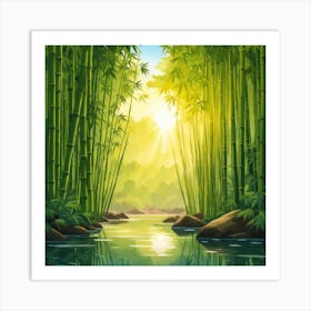 A Stream In A Bamboo Forest At Sun Rise Square Composition 112 Art Print