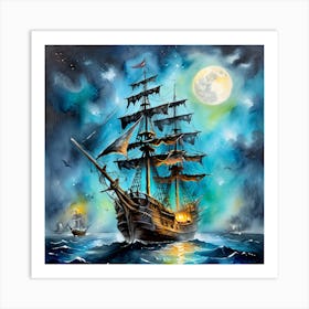 Pirate Ship At Night 2 Art Print
