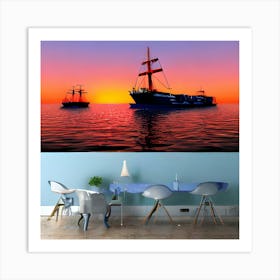 Ship At Sunset Art Print