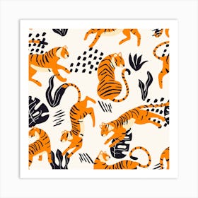 Tiger Pattern On White With Dark Tropical Leaves Decoration Square Art Print