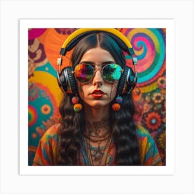 Hippie Girl With Headphones Art Print