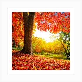 Autumnal Landscape Leaves In Vibrant Oranges Reds And Yellows Scattered Acorns Nestled Amidst Th Art Print