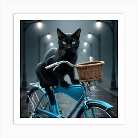 A Cat Riding A Blue Bicycle In The Rain 1 Art Print