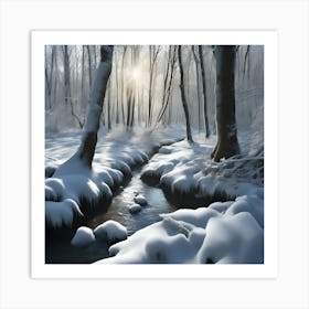 Snow Covered Banks of the Woodland Stream in Winter Art Print